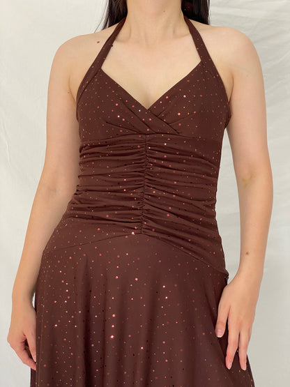 Vintage Y2K City Triangles Chocolate Brown Sequin Ruched Halter High-Low Maxi Dress - M