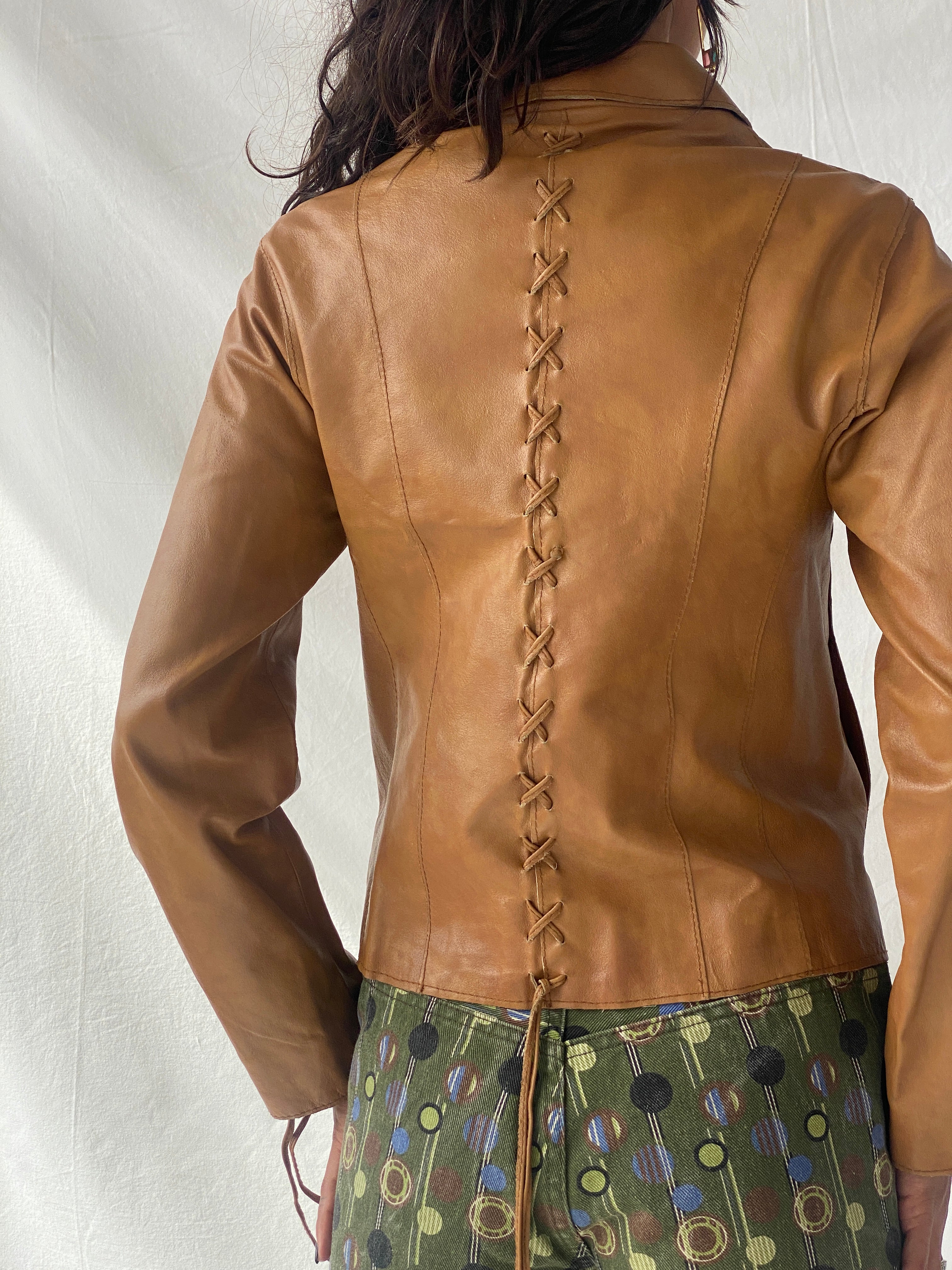 Vintage Conbipel Camel Genuine Leather Lace-up Detail Women’s Jacket - S