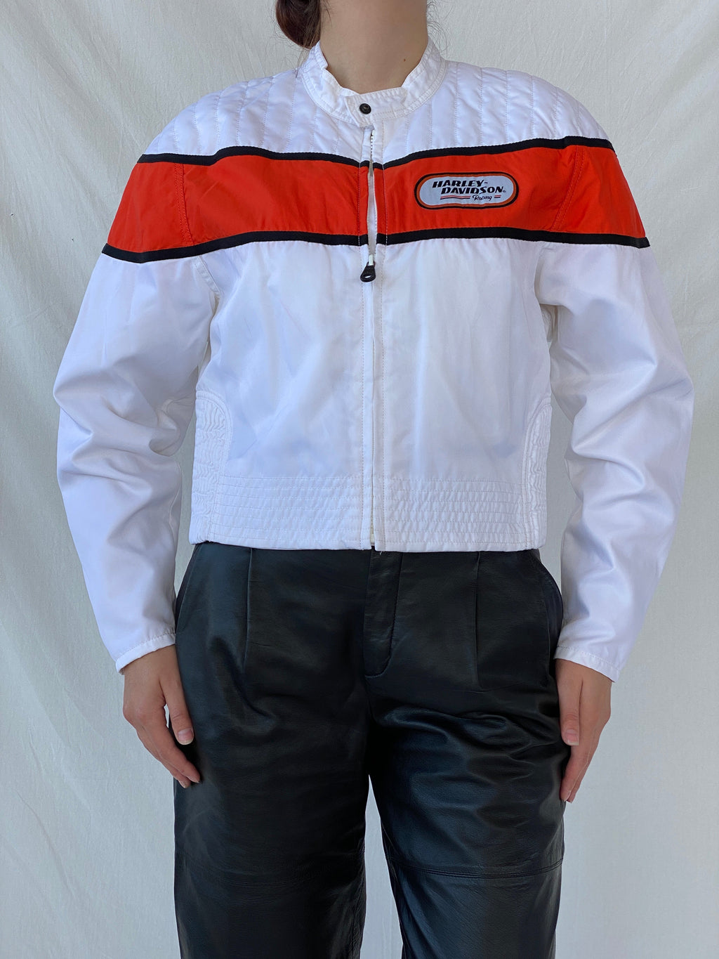 Vintage Harley Davidson Cropped Racing Bomber Jacket White & Orange Motorcycle Streetwear - L