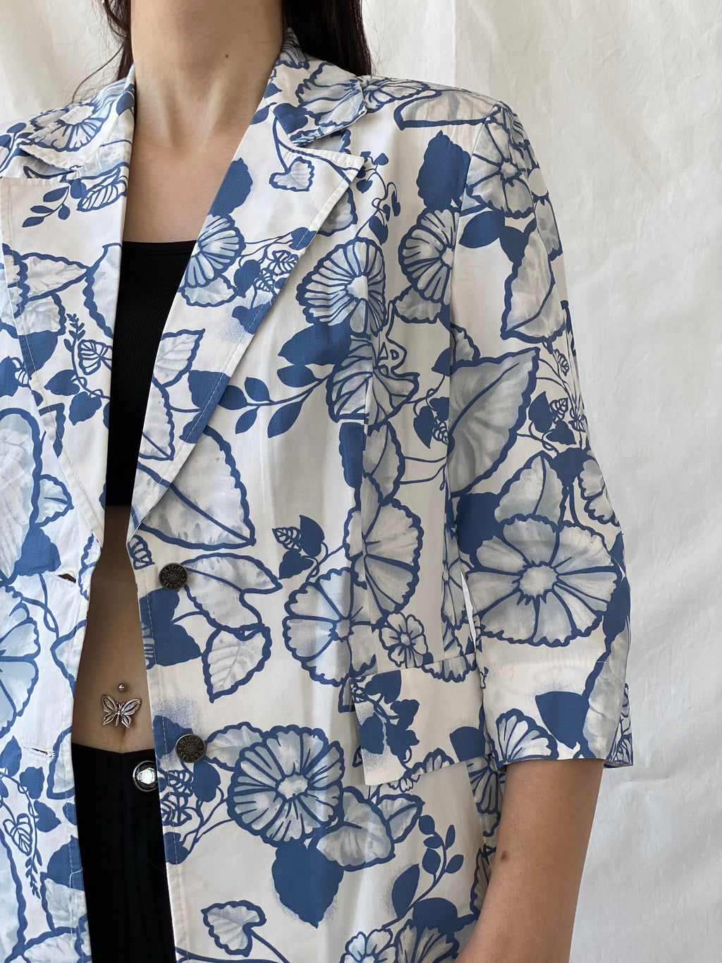 Y2K Nancy Co White Blue Floral Linen Blend Oversized Fit Blazer - L