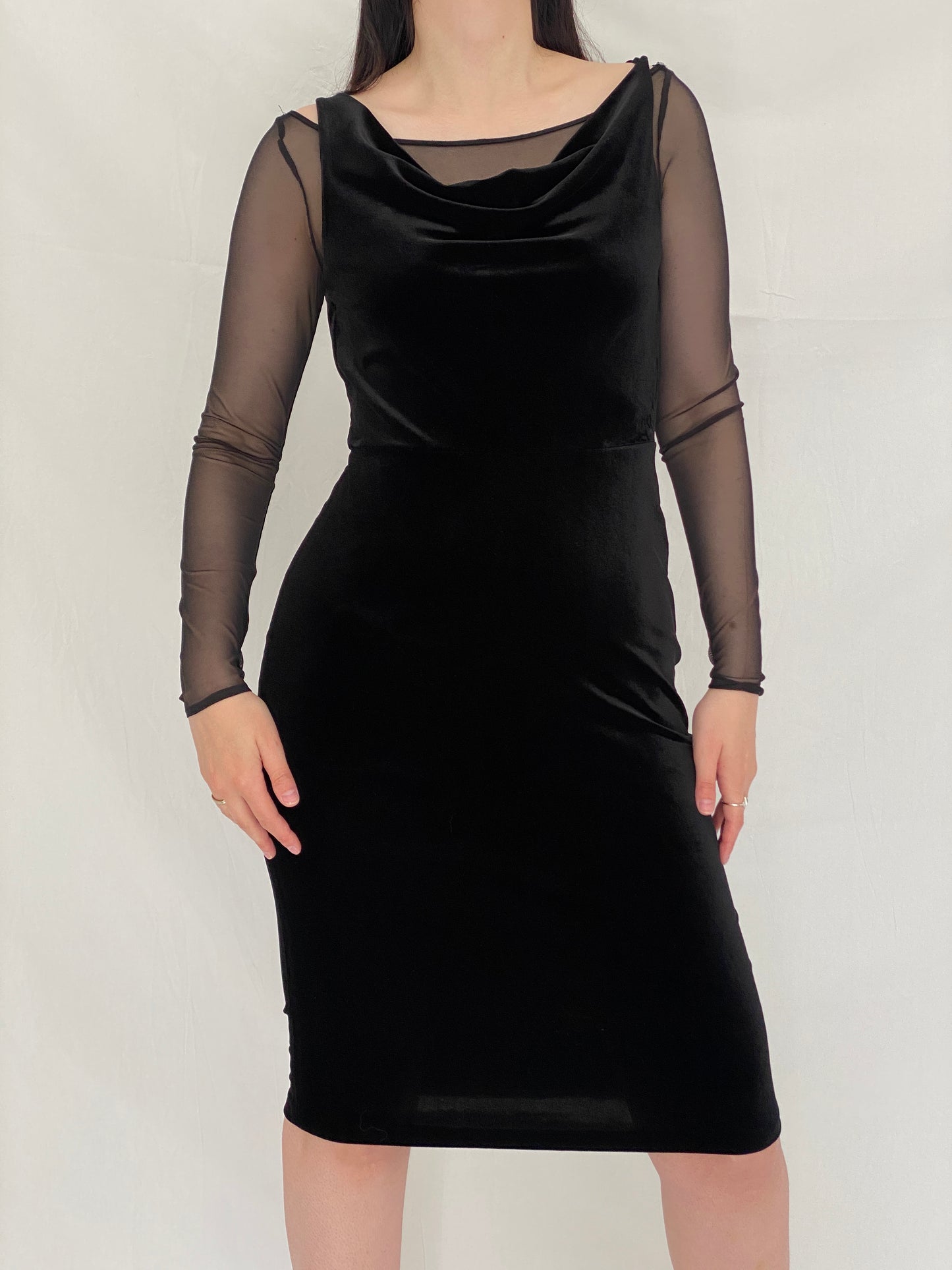Elegant DKNY Black Velvet Mesh Sleeve Minimal Sheer Detail Midi Dress – S