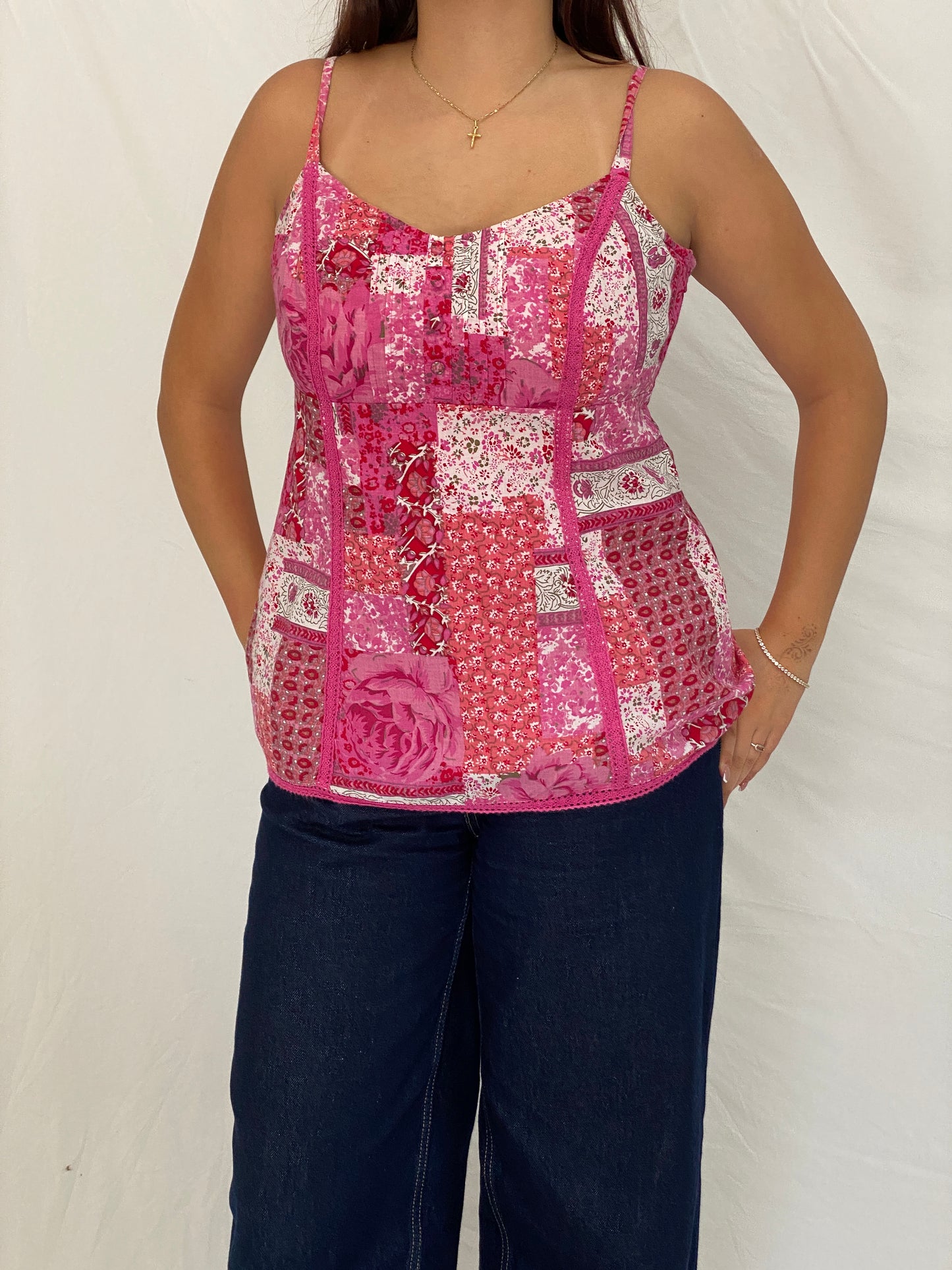 Y2K Per Una Pink Cotton Patchwork Floral Cami Top – L
