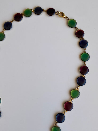 Vintage Double-Sided Green & Burgundy Lucite Disc Long Necklace