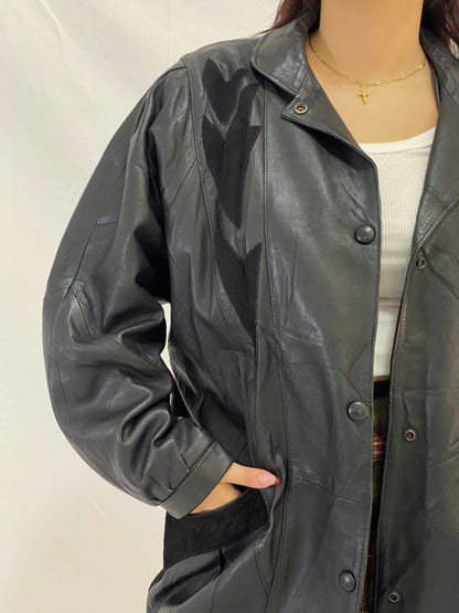 Vintage Oversized Fit Ferpele Black Leather Coat with Graphic Panel Details - M