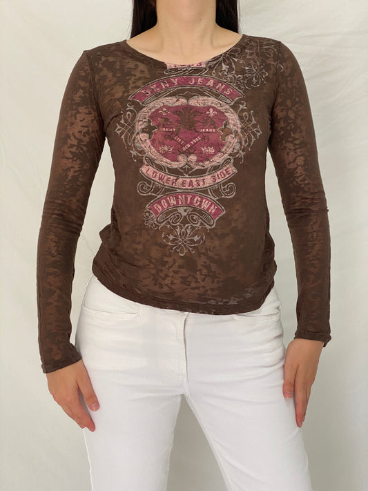 Vintage Y2K DKNY Jeans Brown Graphic Sheer Long Sleeve Top – M