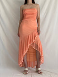 Vintage Y2K City Triangles Peach Strapless Ruched Ruffle Hem Evening Dress - M