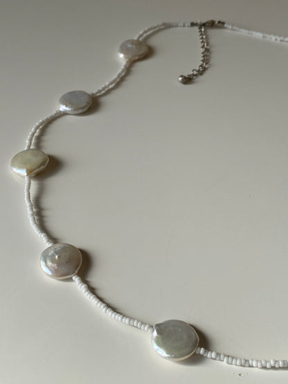 Vintage White Mother of Pearl Coin Beaded Necklace with Seed Beads