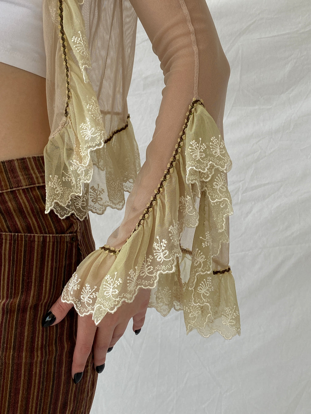 Y2K Mesh Beige Fairy Core Cardigan With Lace Detailing - XS