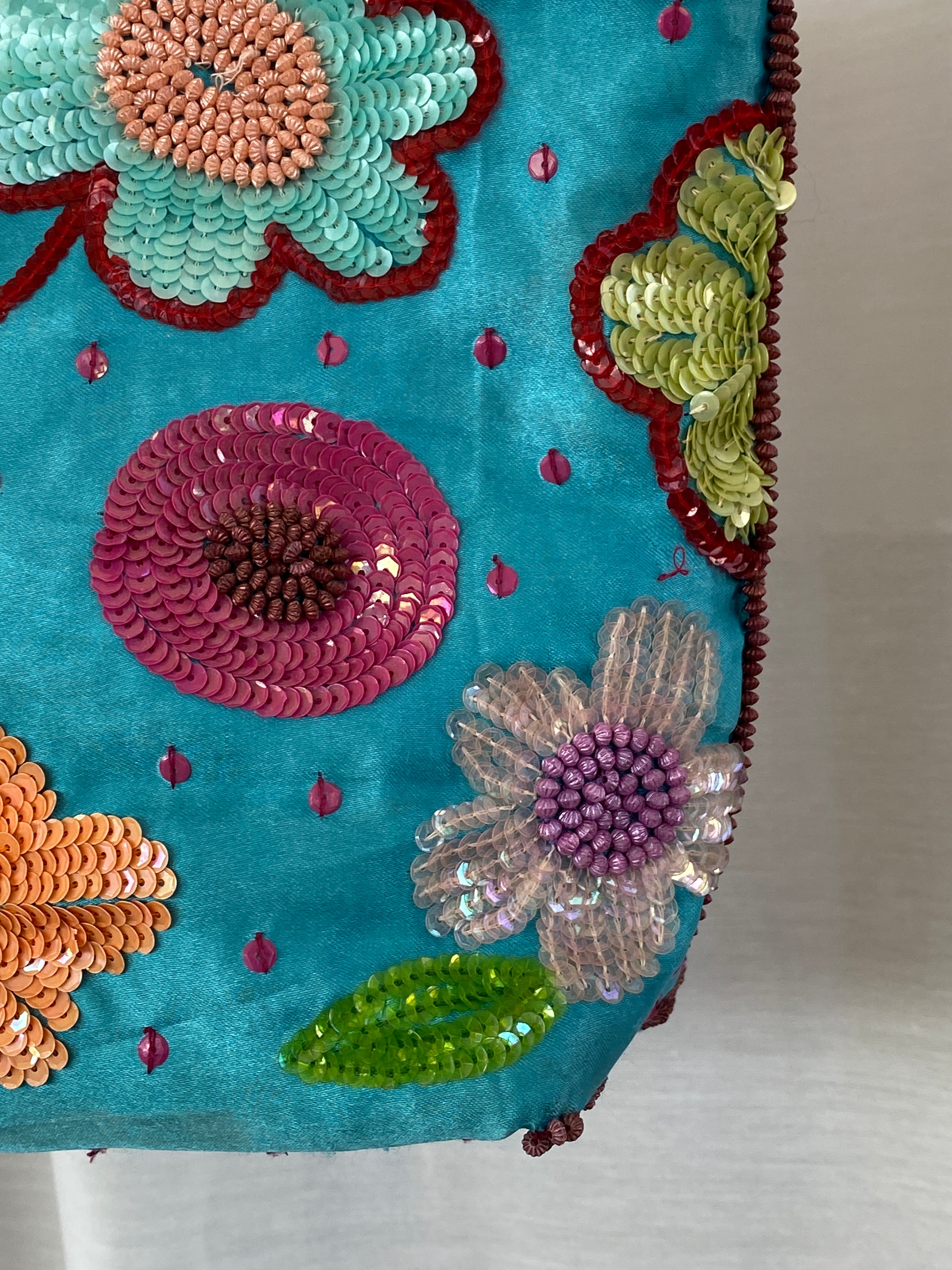 Beautiful Blue Satin Floral Sequined Beaded Strap Tote Bag