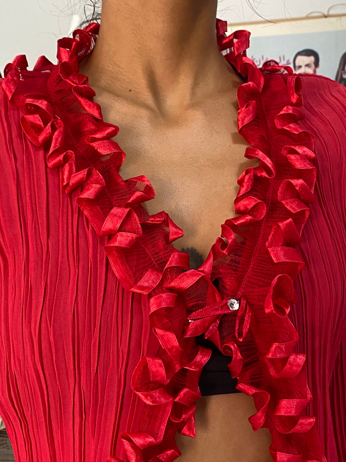 Vintage Y2K Red Pleated Ruffle Sheer Chiffon Statement Cardigan Top - M Vintage Y2K Red Pleated Ruffle Sheer Chiffon Statement Cardigan Top - M
