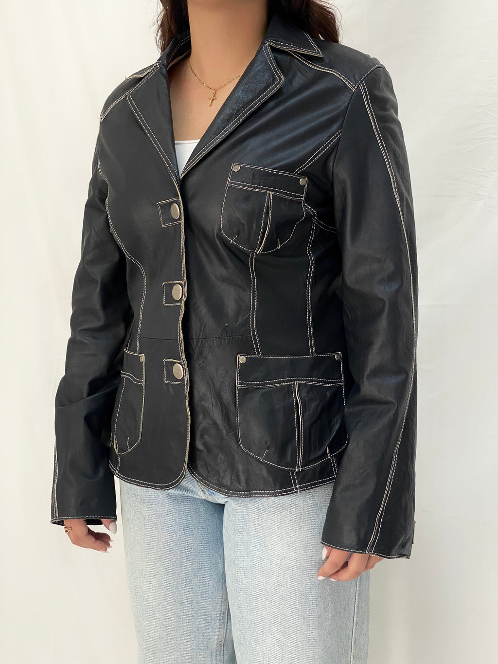 Vintage Betty Barclay Genuine Leather Jacket Dark Navy Contrast Stitch Blazer Style - L