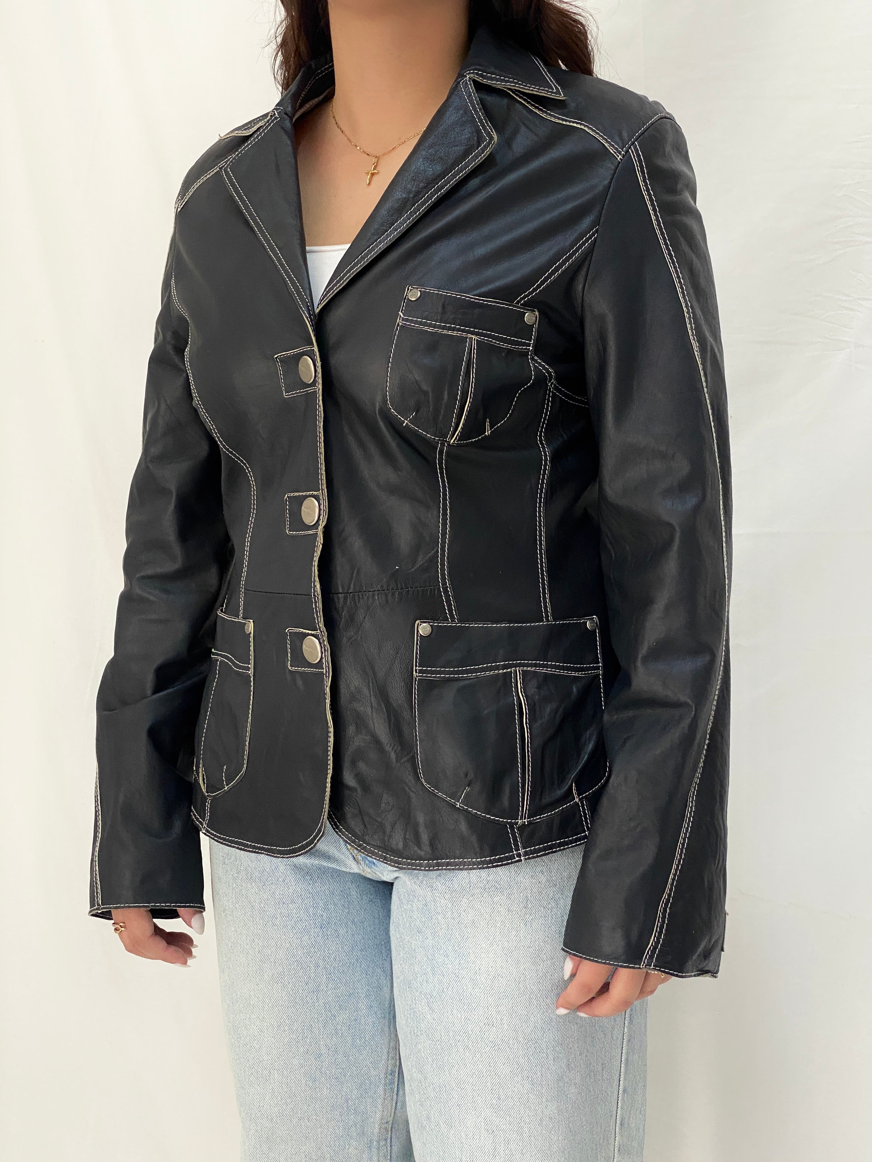 Vintage Betty Barclay Genuine Leather Jacket Dark Navy Contrast Stitch Blazer Style - L