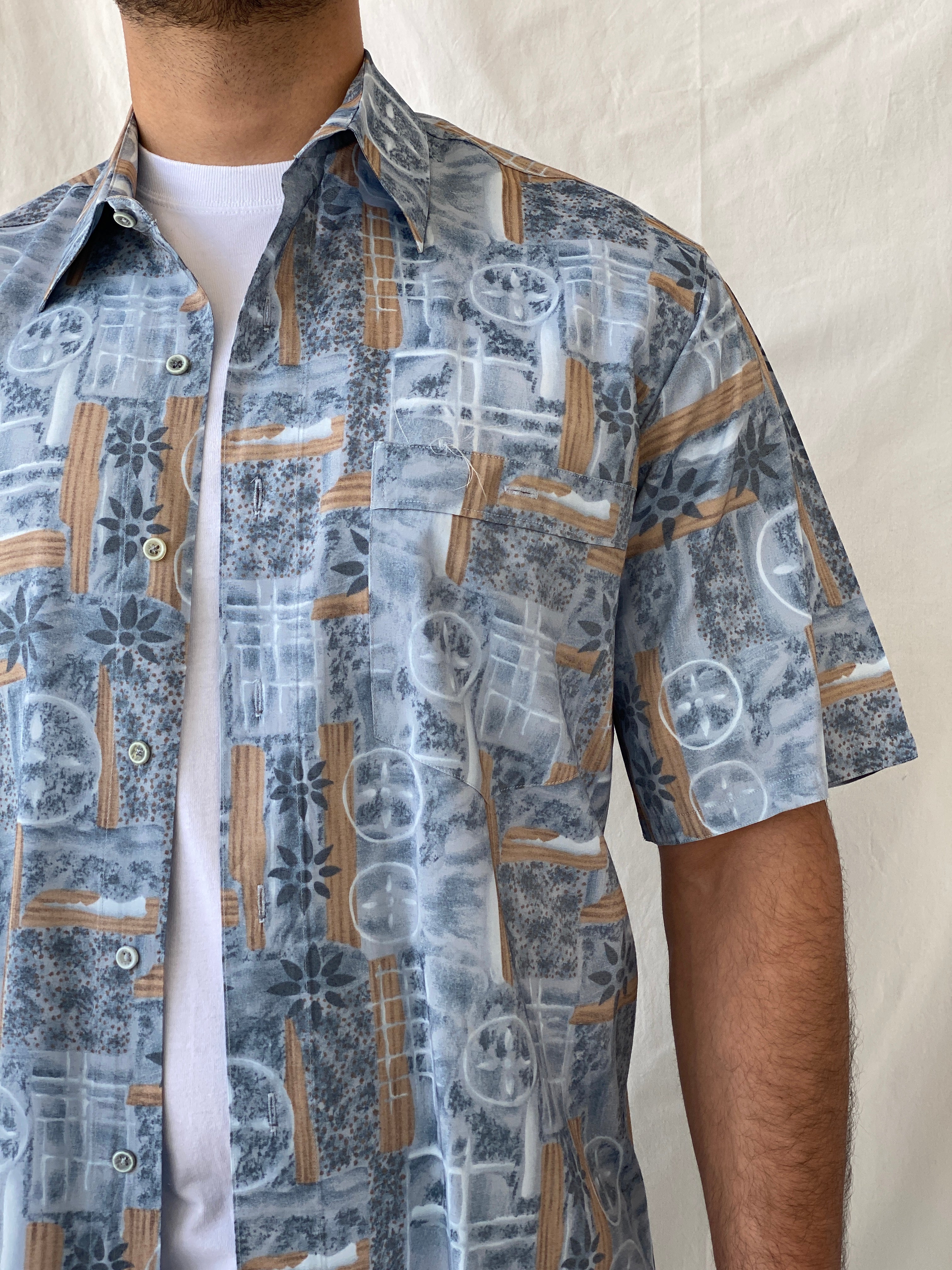 Vintage Tradizioni Moores Blue Printed Short Sleeve Button Up Men’s Shirt - L