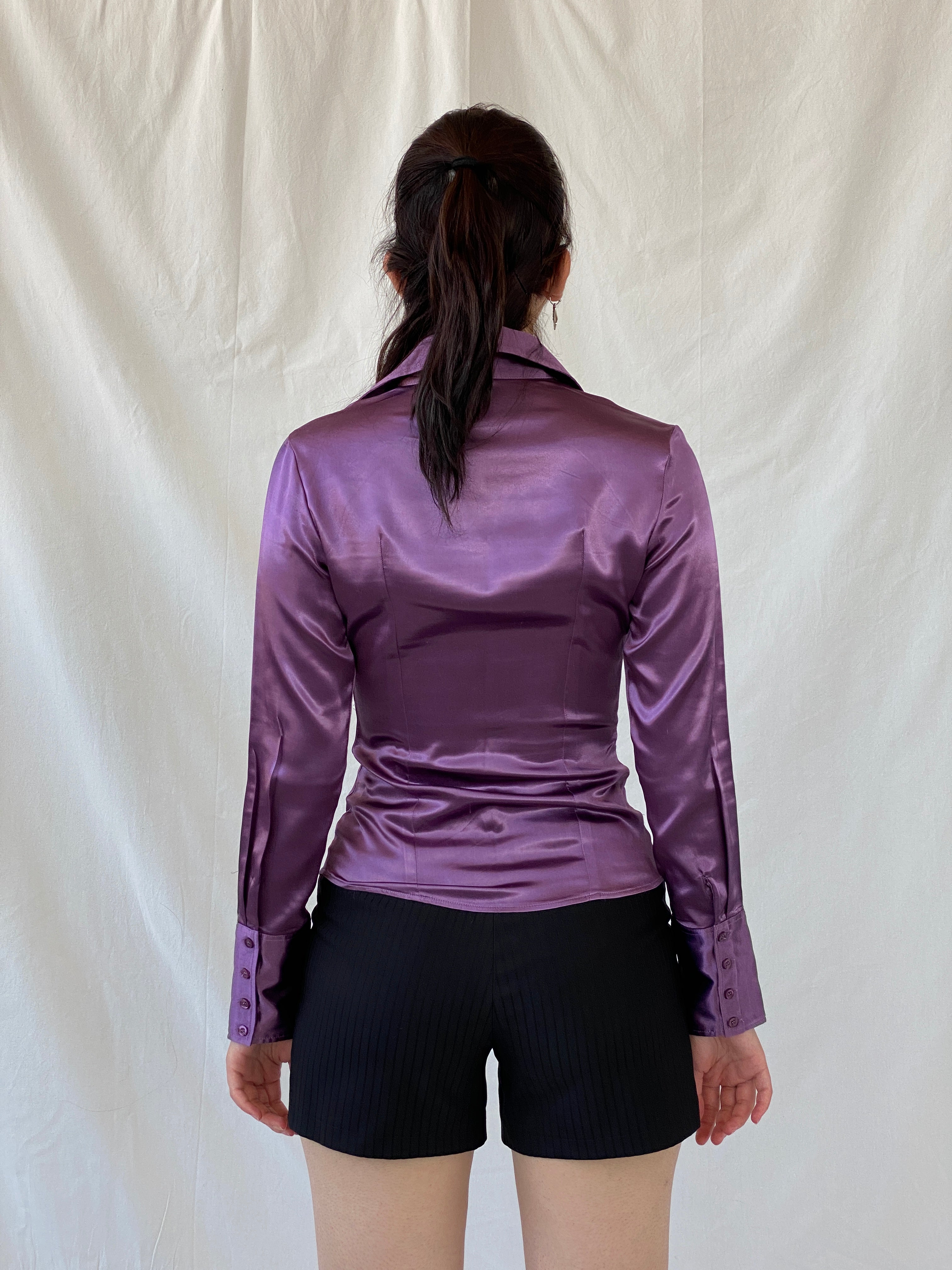 قميص نسائي بأكمام طويلة من الساتان أرجواني Y2K Camaîeu - مقاس صغير