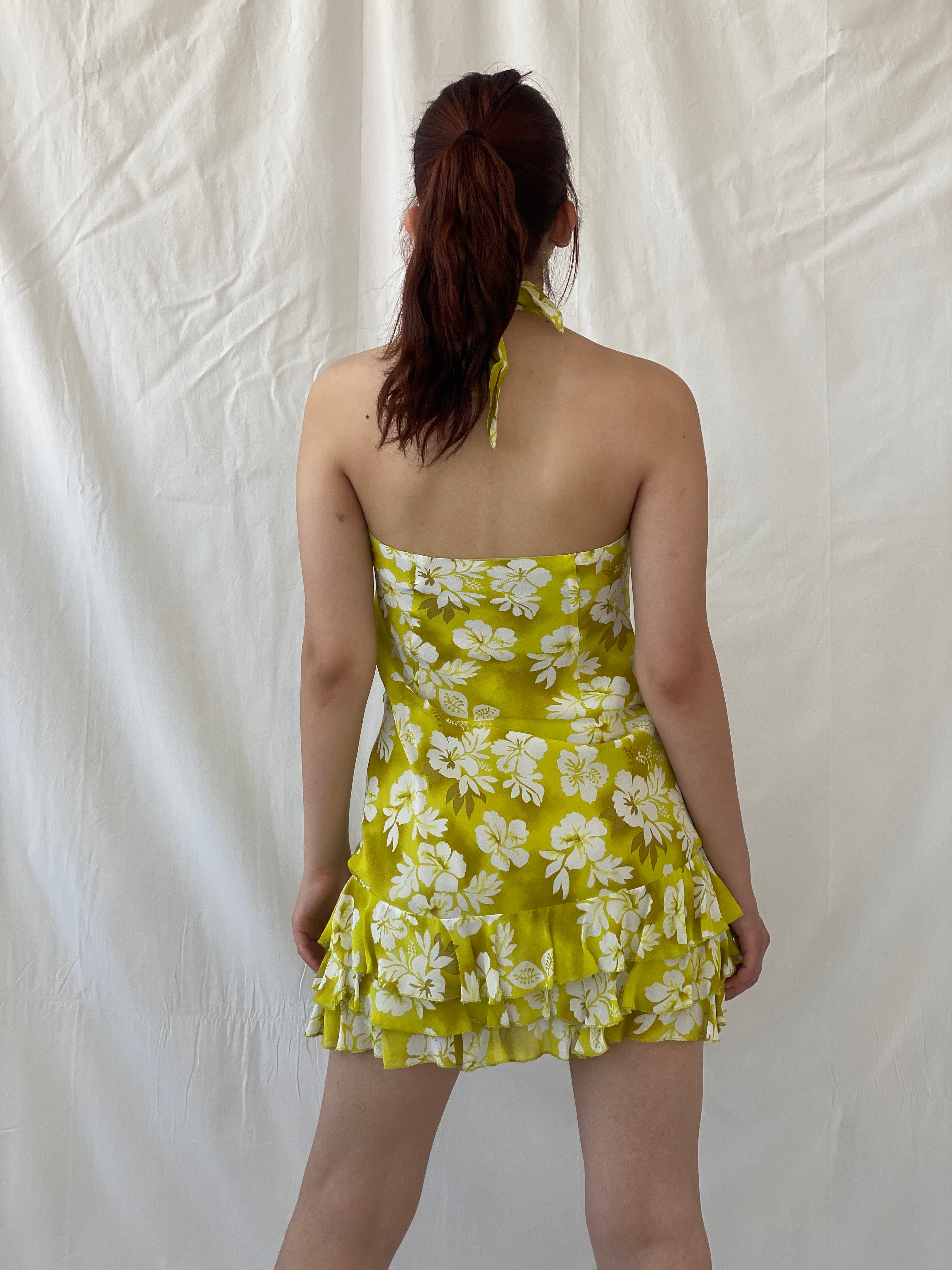 Vintage Bellino Lime Green Floral Halter Mini Summer Dress - M
