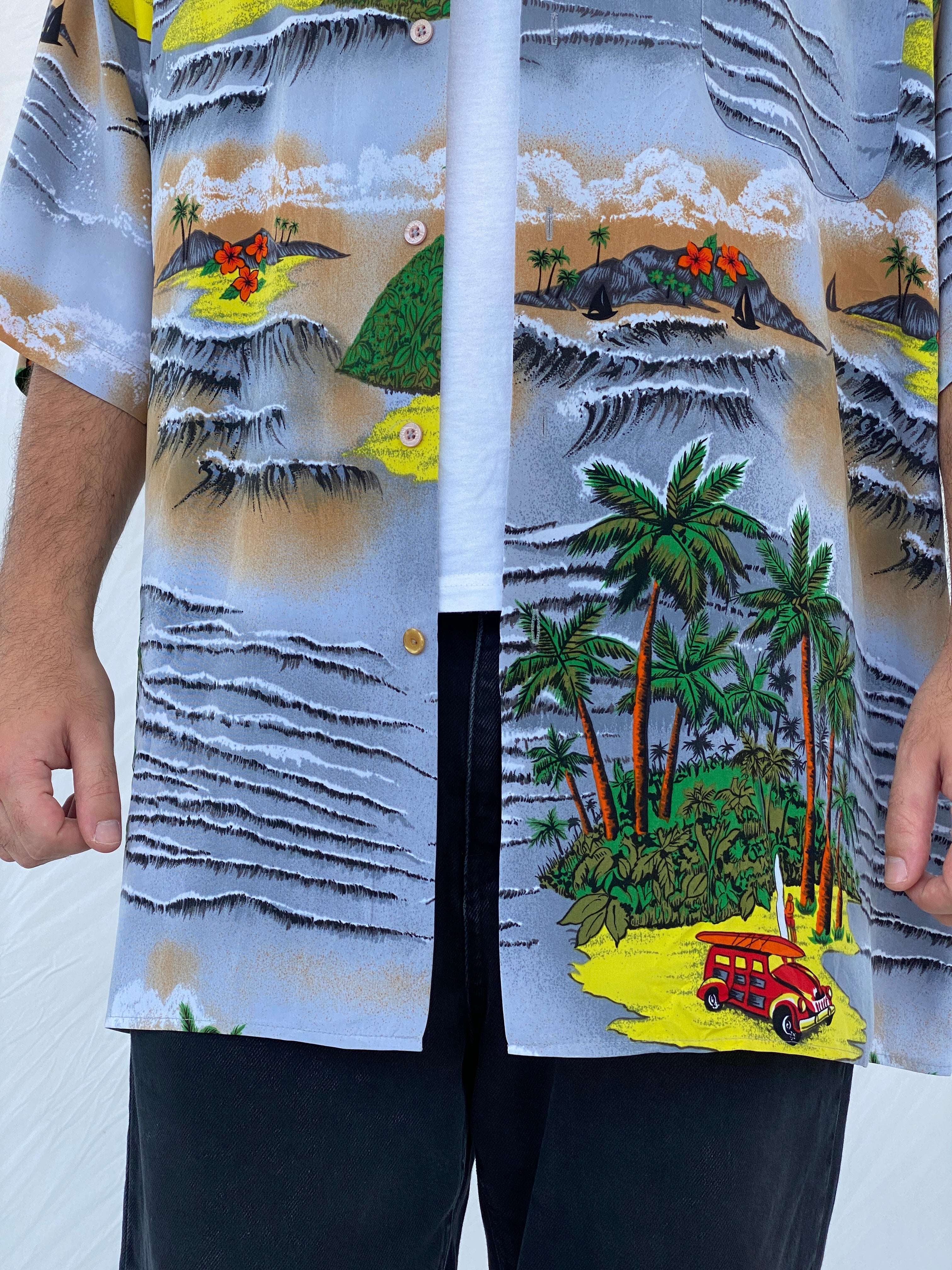 00s Koman Sport Hawaiian Palm Trees Button Shirt - 2XL