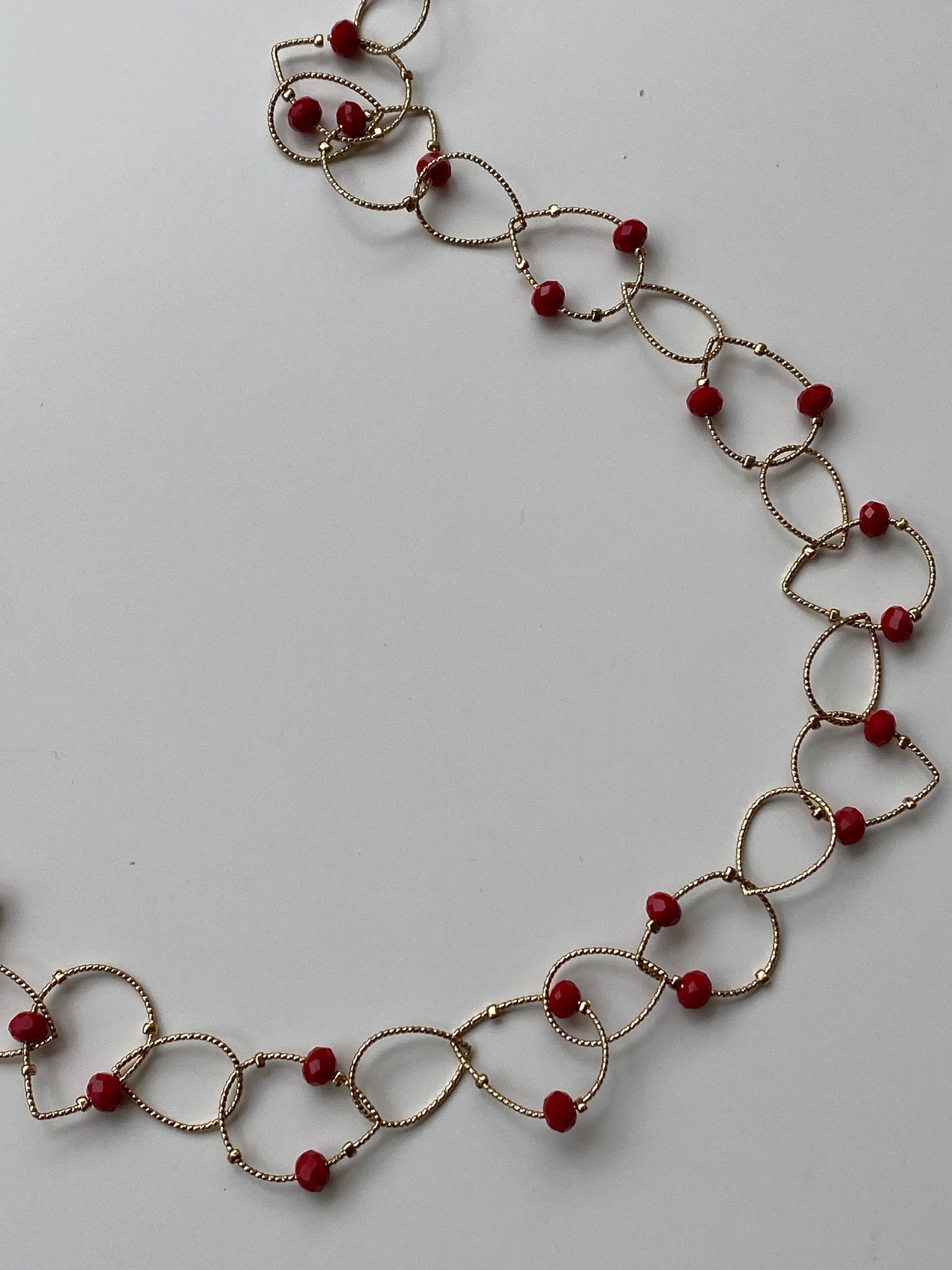 Vintage NY Gold Tone Open Link Chain Necklace with Red Crystal Beads