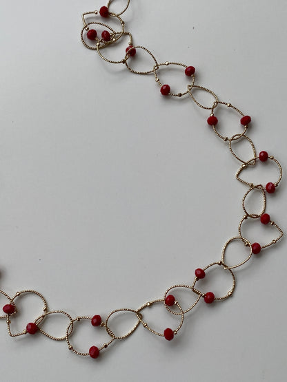Vintage NY Gold Tone Open Link Chain Necklace with Red Crystal Beads