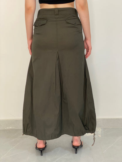 Vintage Y2K Olive Green Utility Cargo Maxi Skirt with Drawstring Hem - L