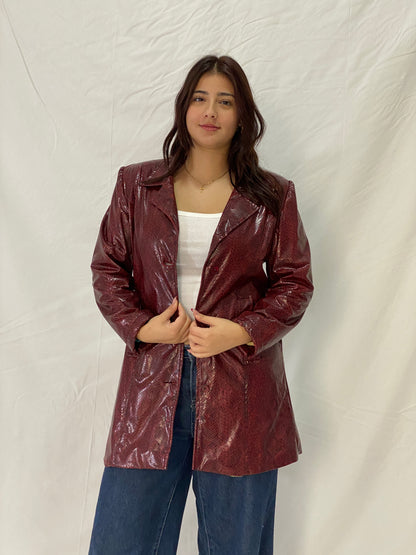 Vintage Burgundy Snakeskin Faux Leather Lined Coat with Leopard Print Interior – M