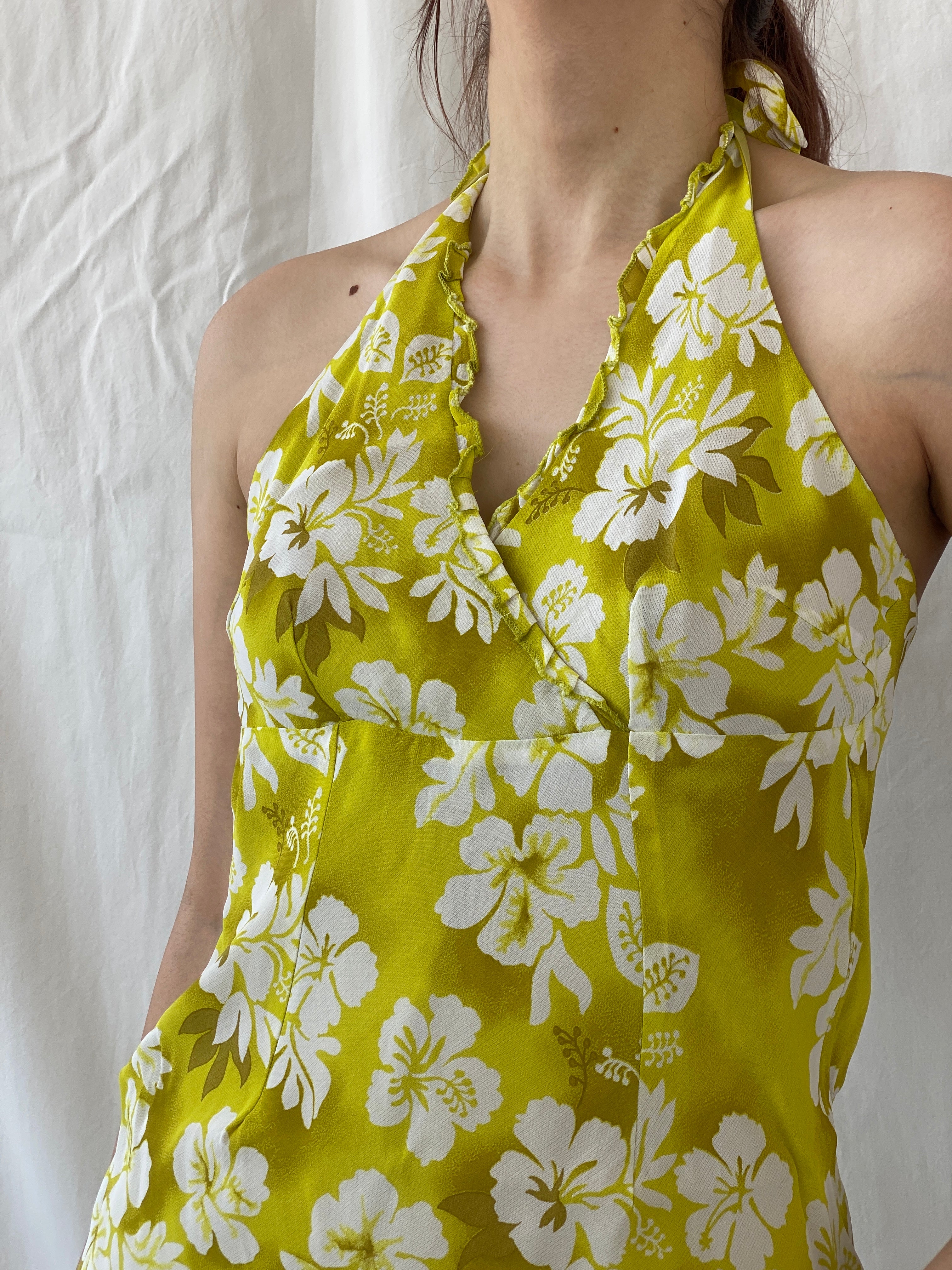 Vintage Bellino Lime Green Floral Halter Mini Summer Dress - M