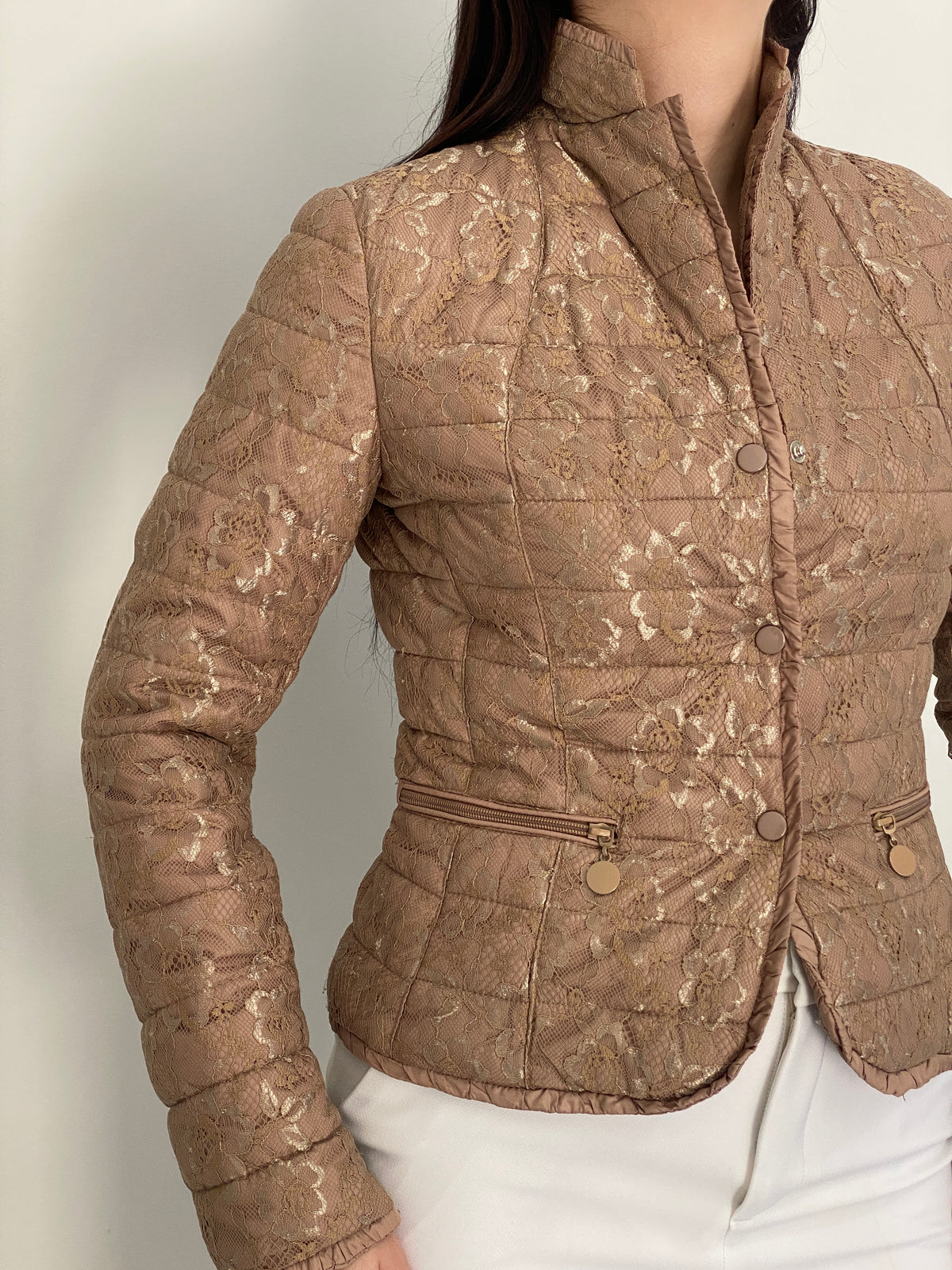 Y2K By Secret Beige Floral Lace Quilted Puffer Jacket – S