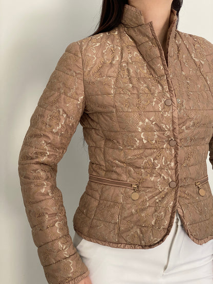 Y2K By Secret Beige Floral Lace Quilted Puffer Jacket – S