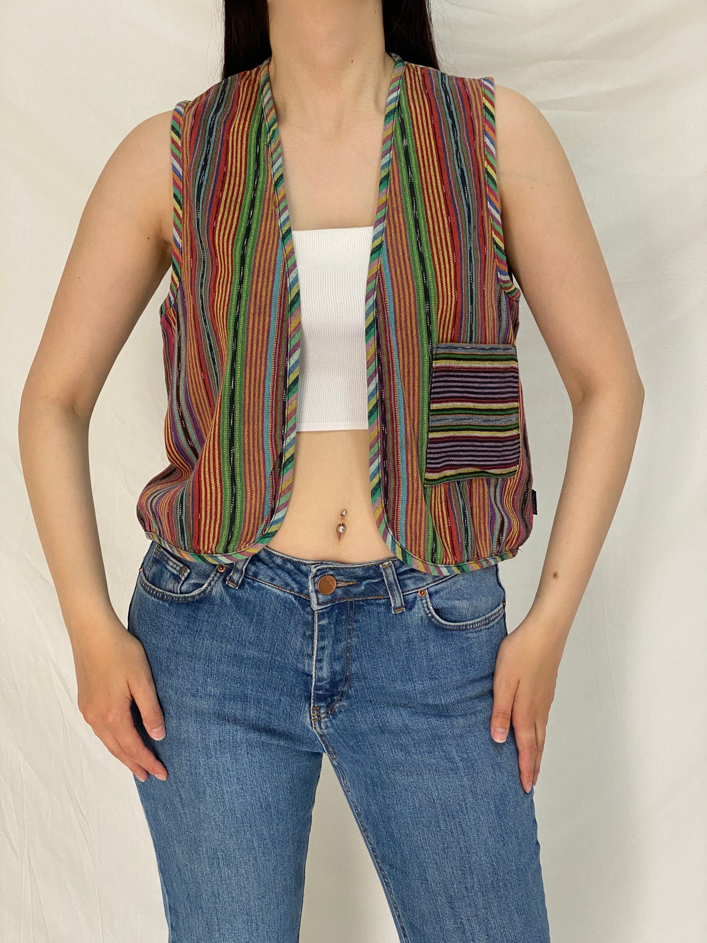 Vintage Esprit 100% Cotton Guatemalan Striped Vest Rainbow Boho Hippie Festival Open Front Waistcoat – M