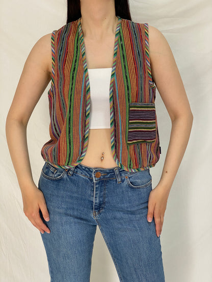 Vintage Esprit 100% Cotton Guatemalan Striped Vest Rainbow Boho Hippie Festival Open Front Waistcoat – M