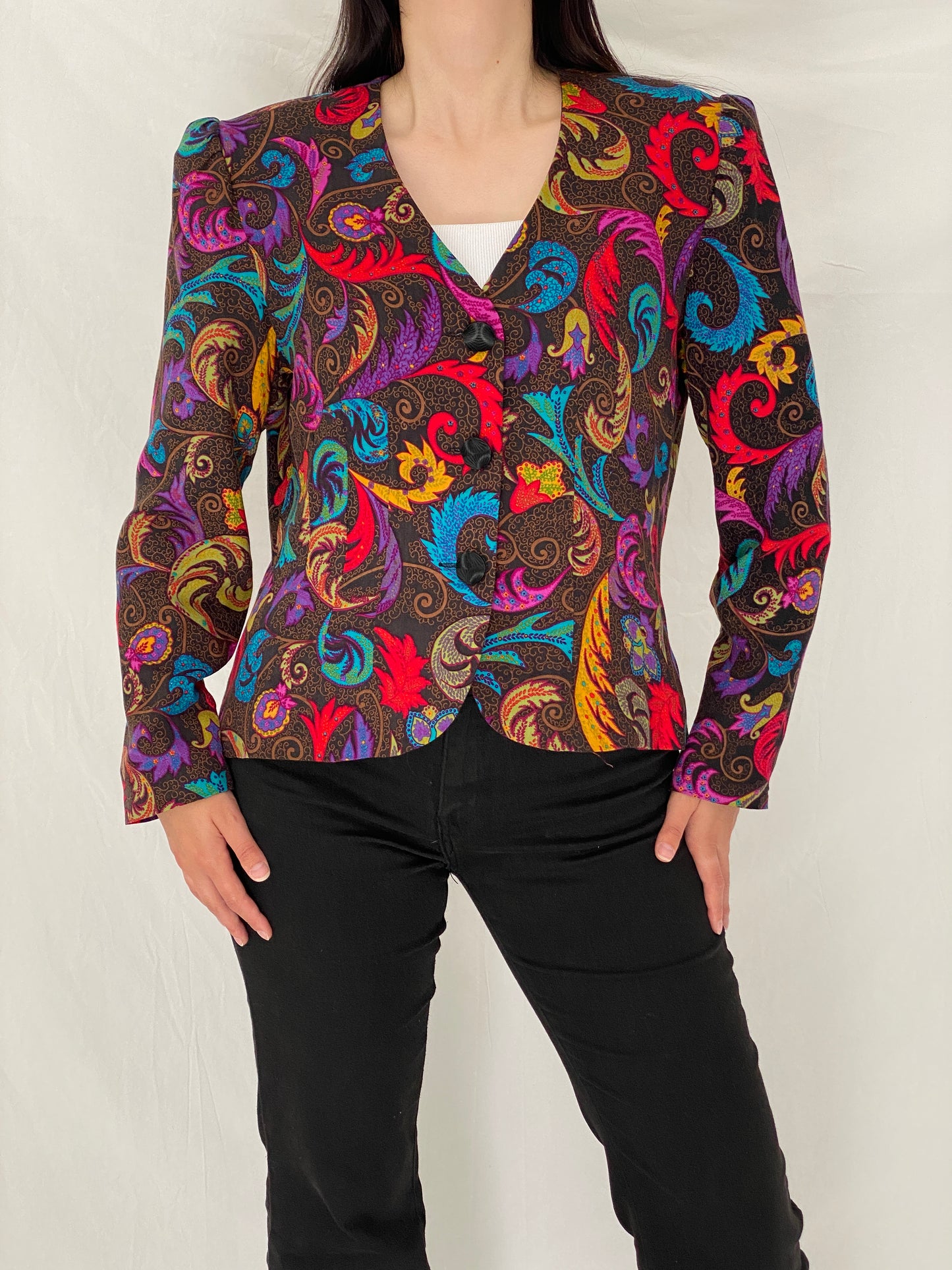 Vintage 90s Anne Crimmins for Umi Collections Pop Paisley Blazer Multicolor Statement Jacket – L