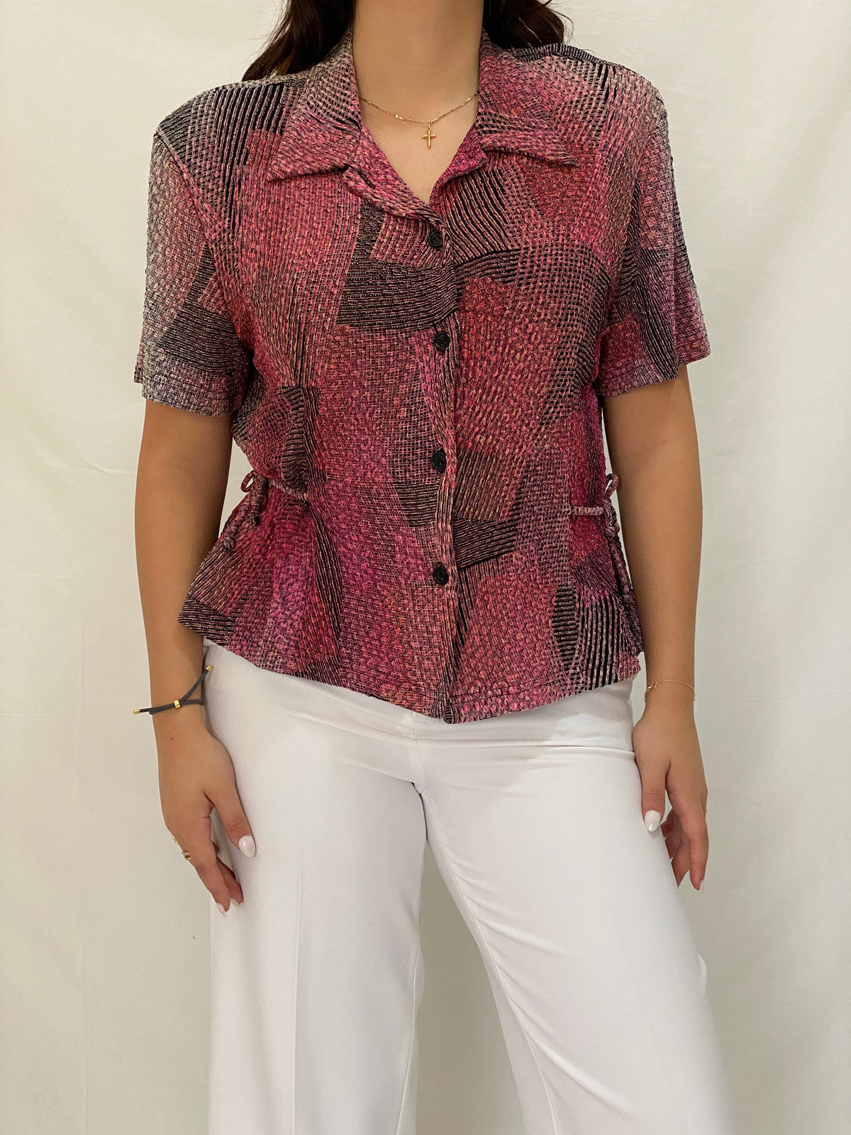 Vintage Positive Attitude Abstract Pink Button-Down Blouse Short Sleeve 90s Shirt - XL Vintage Positive Attitude Abstract Pink Button-Down Blouse Short Sleeve 90s Shirt - XL