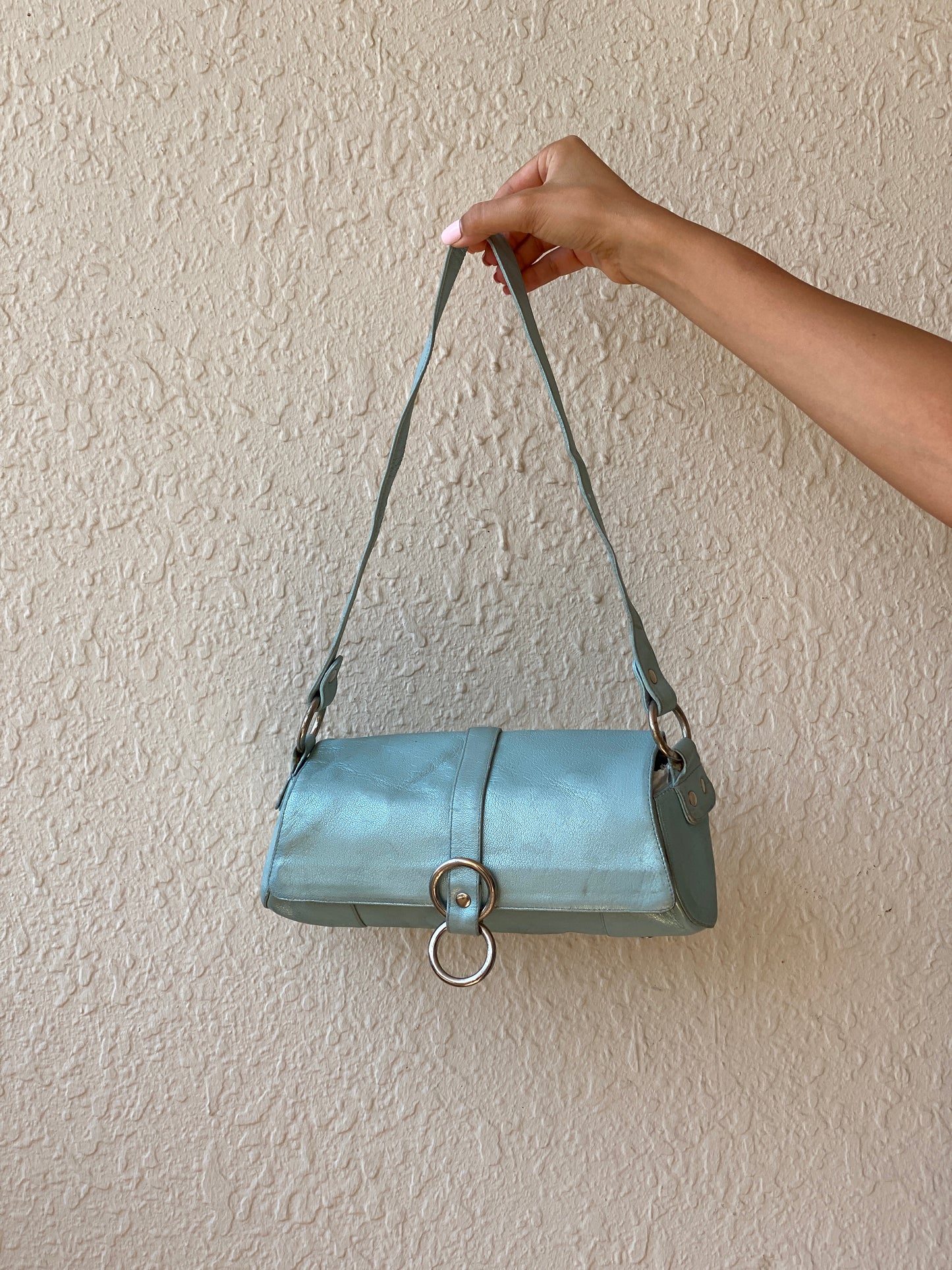 Vintage Stuart Weitzman Metallic Ice Blue Leather Shoulder Bag