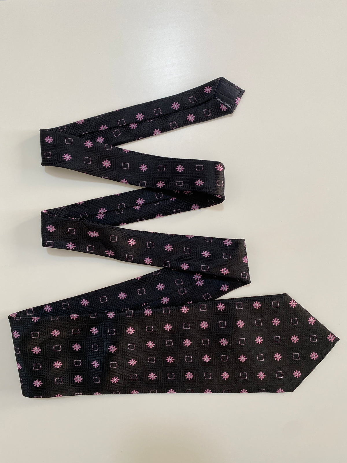 Vintage Silk Land Tie - Black with Pink Floral Geometric Pattern Vintage Silk Land Tie - Black with Pink Floral Geometric Pattern