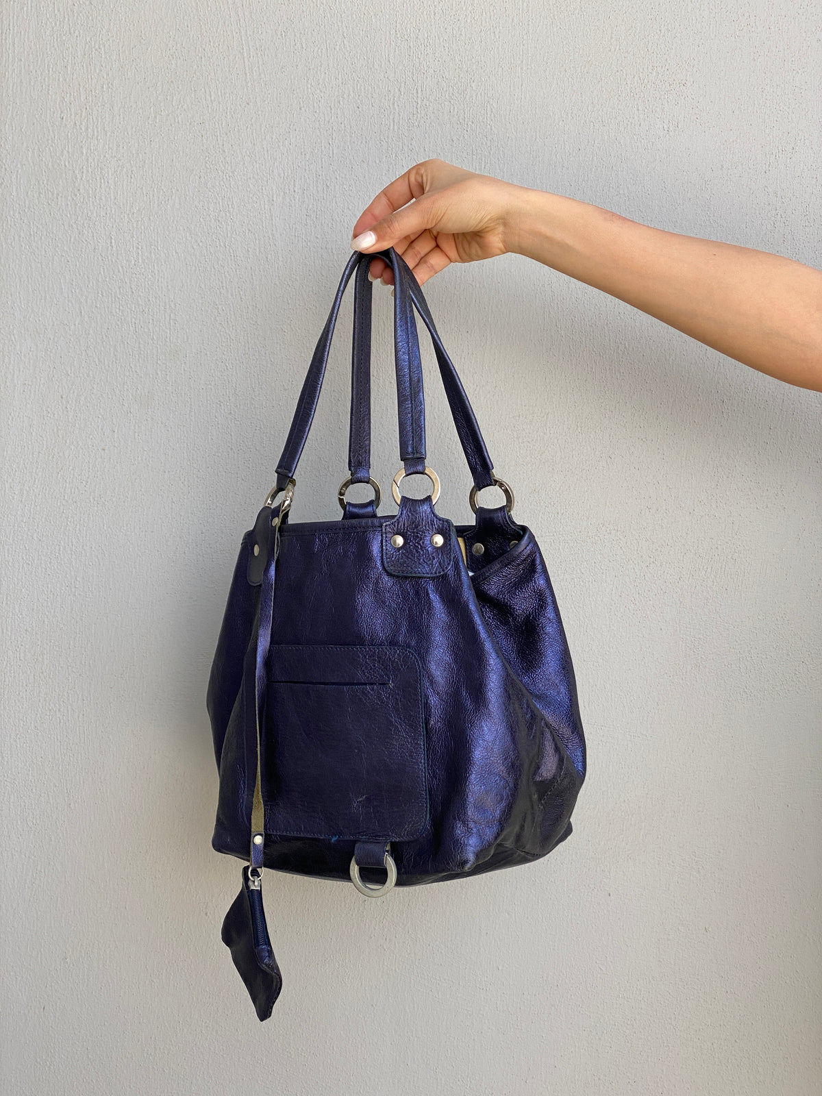 Vintage Y2K Metallic Blue Genuine Leather Slouchy Shoulder Bag Vintage Y2K Metallic Blue Genuine Leather Slouchy Shoulder Bag