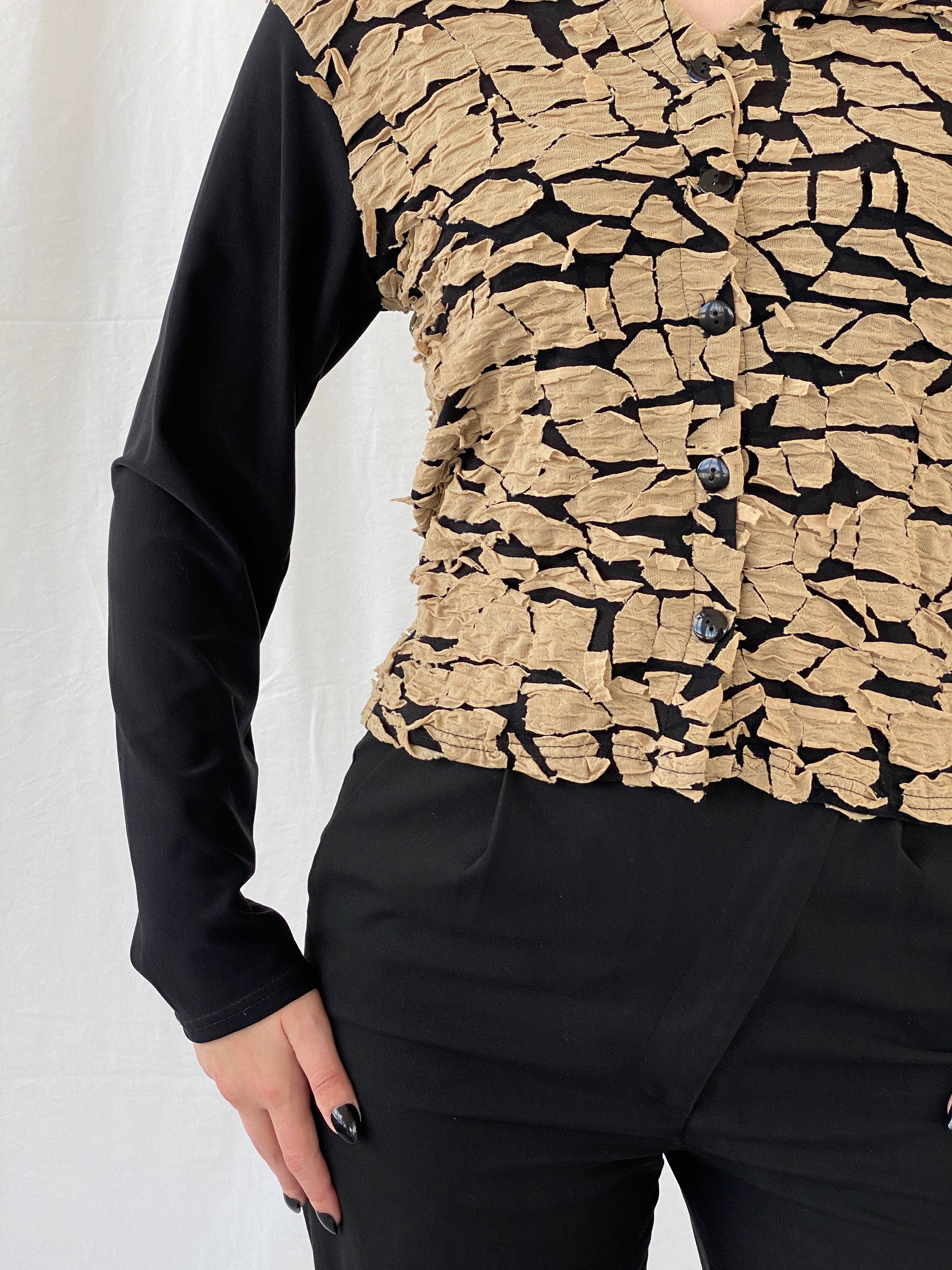 Vintage Y2K INTOWN Full Sleeve Button Up Black & Beige Women’s Shirt - L