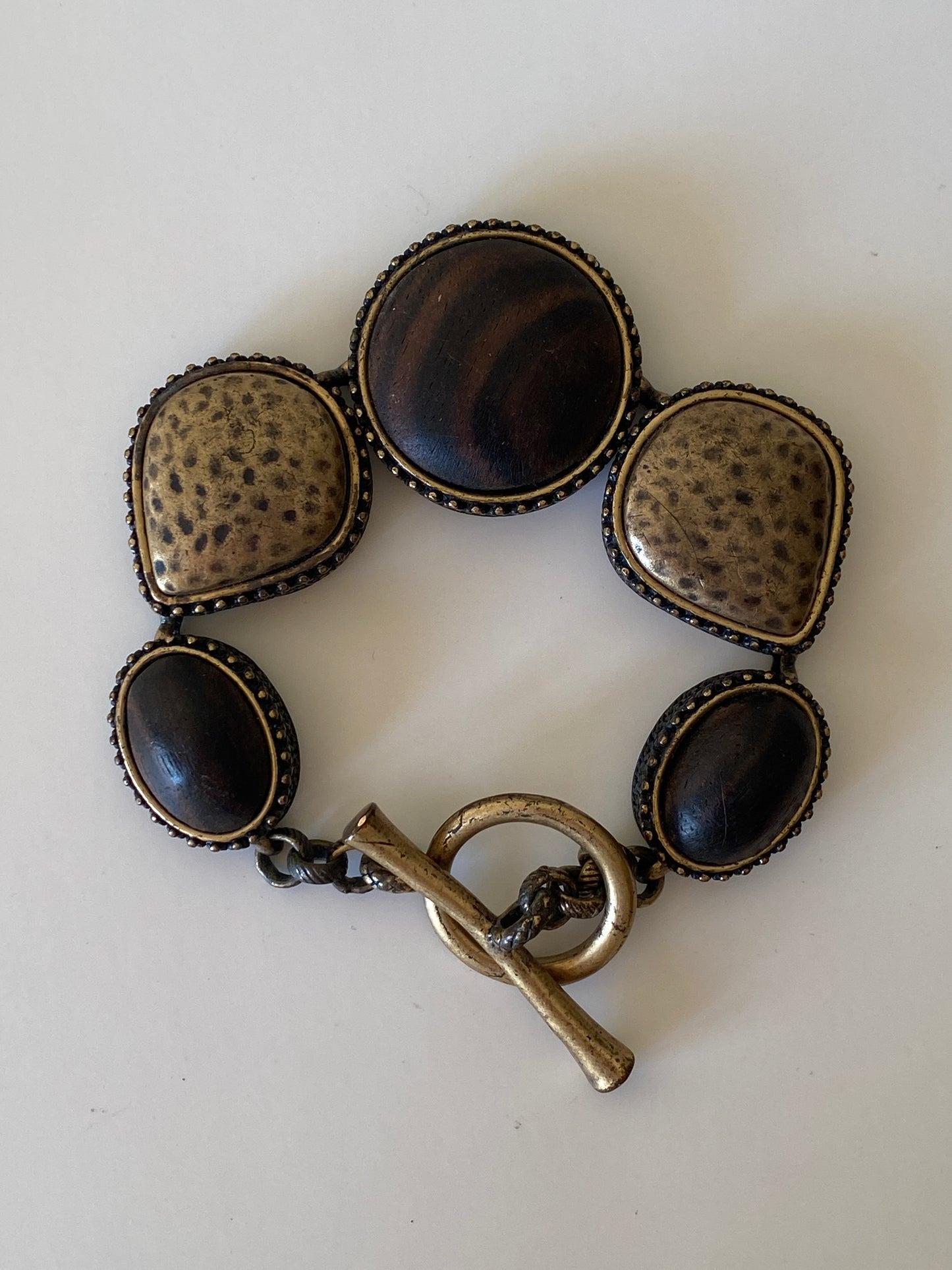 Vintage Lucky Brand Boho Wood & Brass Bracelet Toggle Clasp Ethnic Statement Jewelry