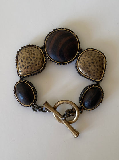 Vintage Lucky Brand Boho Wood & Brass Bracelet Toggle Clasp Ethnic Statement Jewelry