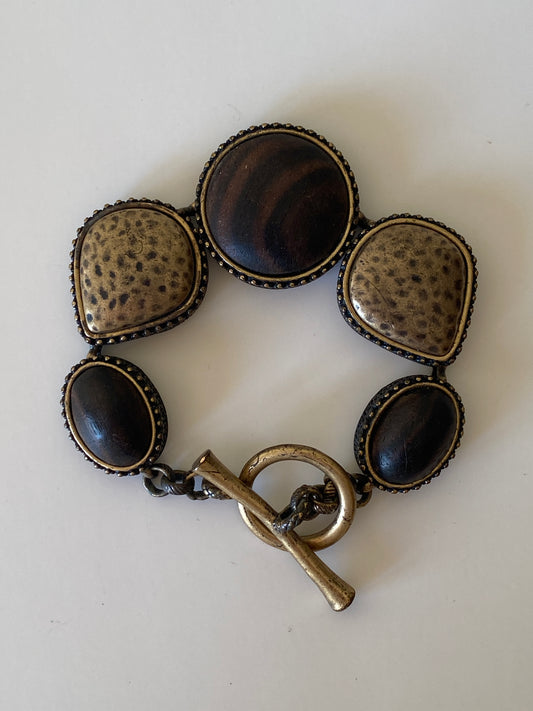 Vintage Lucky Brand Boho Wood & Brass Bracelet Toggle Clasp Ethnic Statement Jewelry
