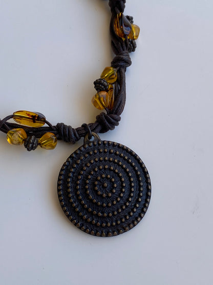 Vintage Y2K Boho Brown Cord Amber Bead Spiral Medallion Statement Necklace