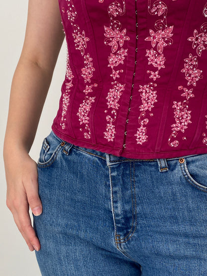 Vintage Y2K KRISP Cotton Embroidered Lace-Up Corset Top - M