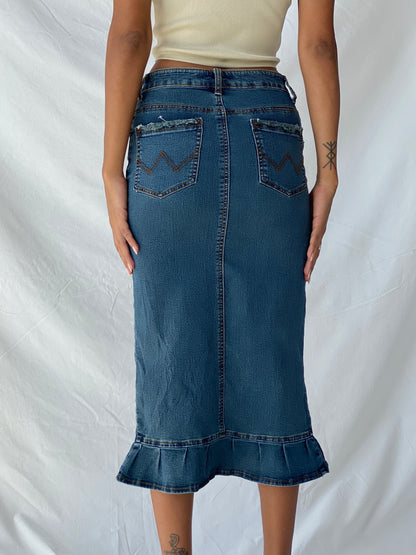 Vintage Y2K Jennyfer Ruffled Hem Midi Denim Skirt - XS