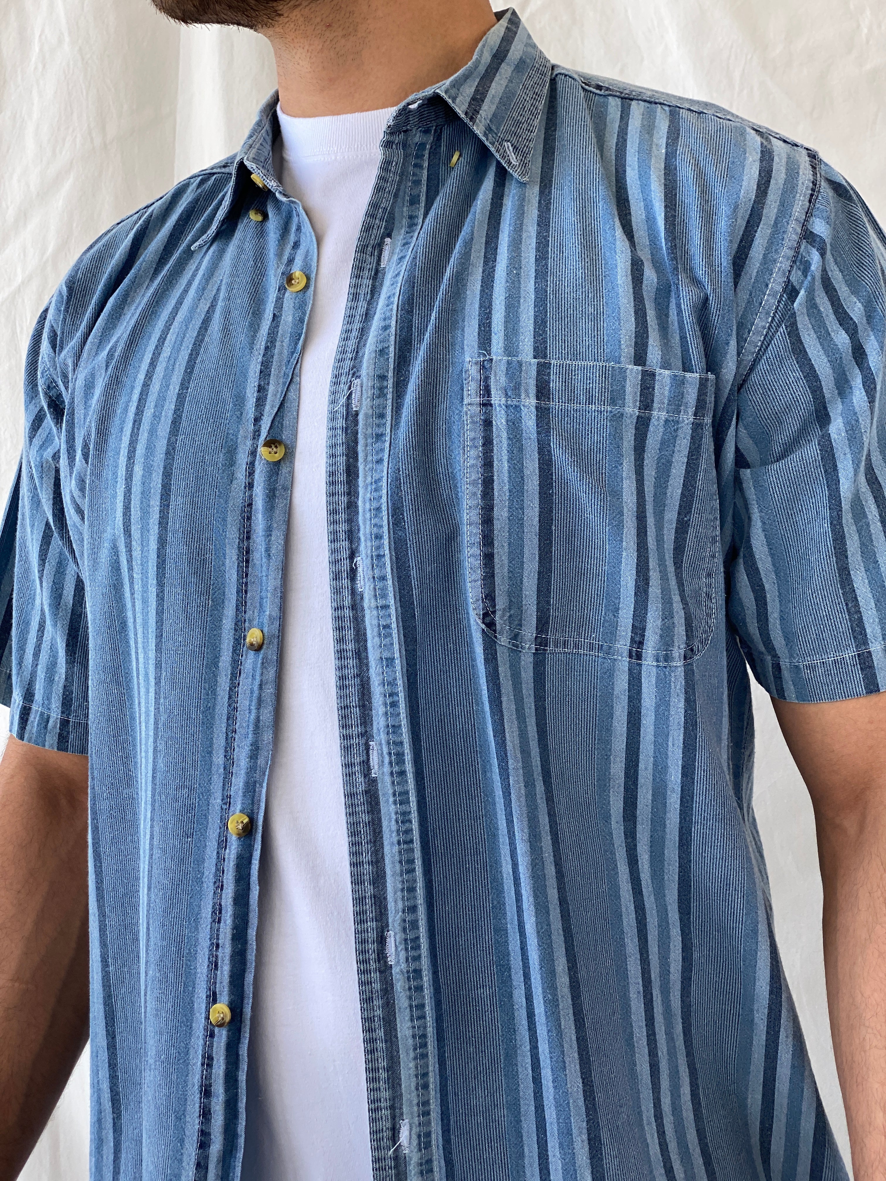 Vintage 90s Faded Glory Men’s Button Up Striped Blue Short Sleeve Cotton Shirt - L