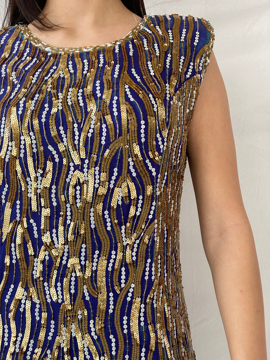 Vintage Razzle Dazzle Pure Silk Blue Gold Sequin Boxy Midi Dress - M