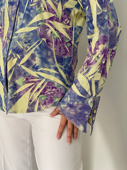 Vintage Hong Mei Purple Blue Floral Botanical Print Shirt – M