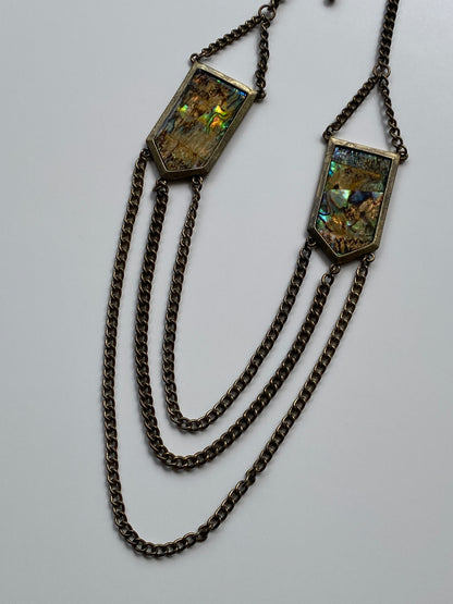 Vintage Y2K–Boho Abalone Shell & Antiqued Brass Triple Draped Chain Statement Necklace