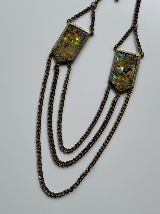 Vintage Y2K–Boho Abalone Shell & Antiqued Brass Triple Draped Chain Statement Necklace