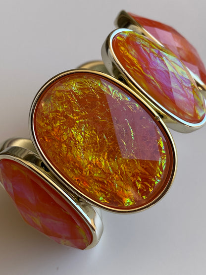 Vintage Orange Lucite Cabochon Silver-Tone Elastic Statement Bracelet