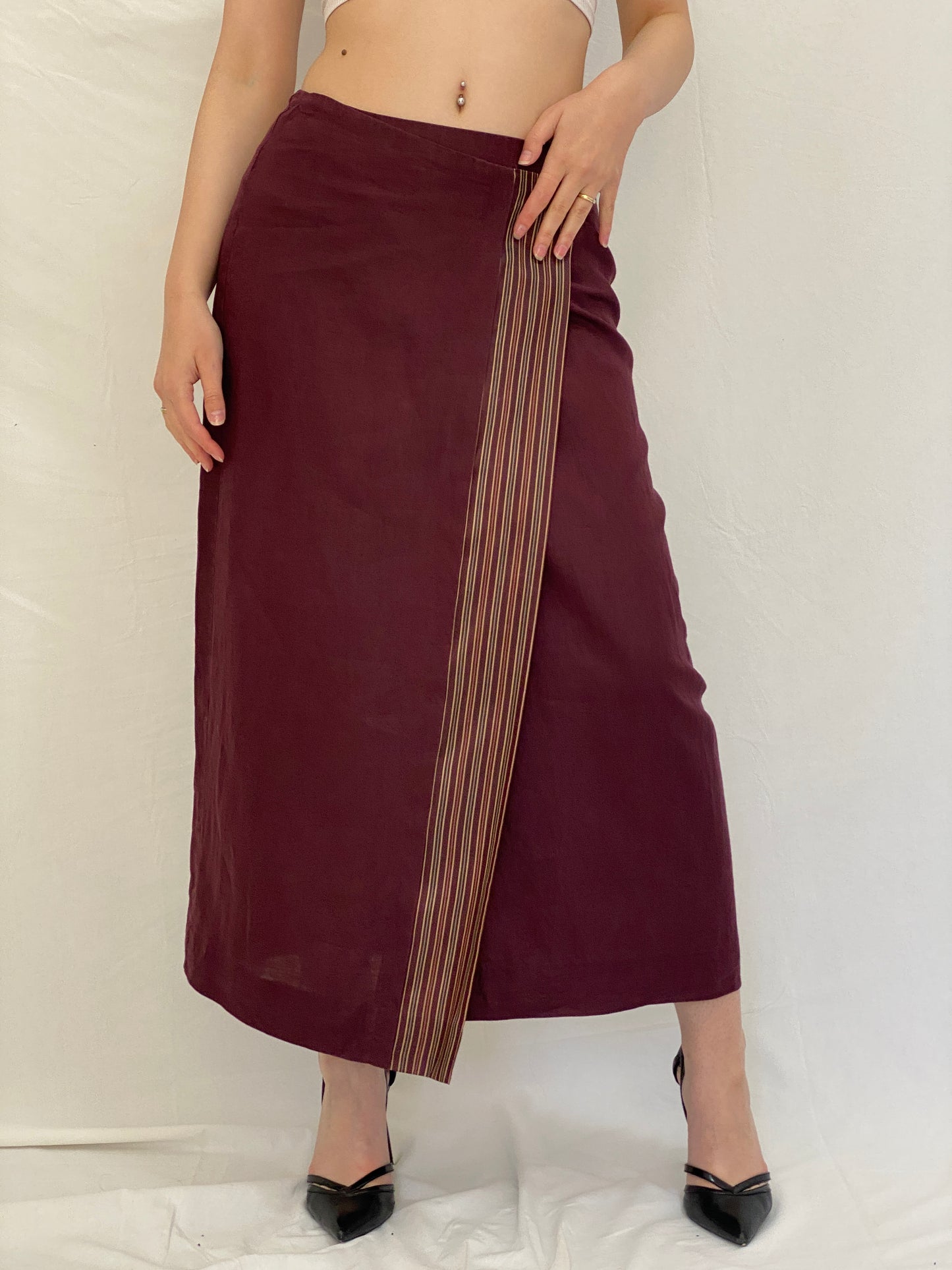 Y2K Mango Burgundy Wrap Midi Skirt Minimalist Officecore Skirt - L