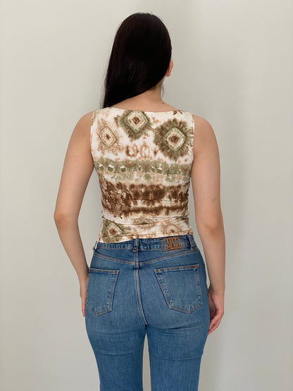 Y2K Rouge Paris Beige Brown Abstract Print Fitted Tank Top – S
