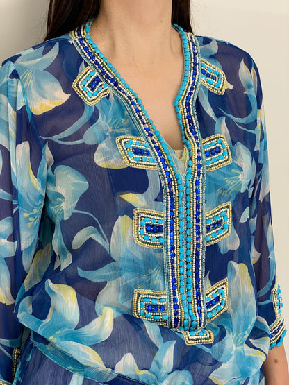 Vintage Y2K Key Lime & Pink Blue Floral Beaded Sheer Boho Tunic Top - L